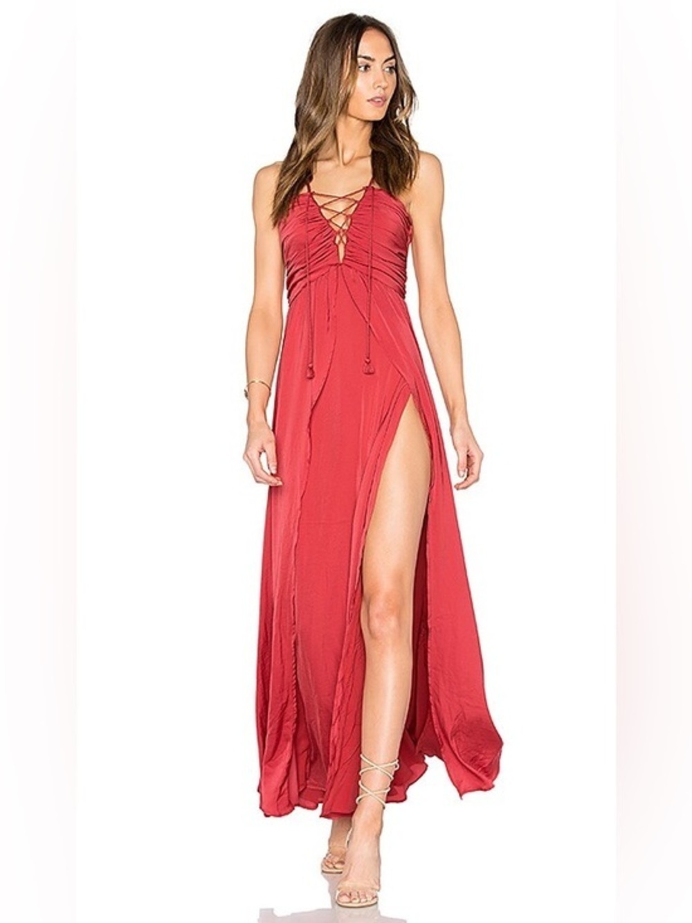 TJD Revolve  Karisimbi wrap dress red maxi dress high slit lace up